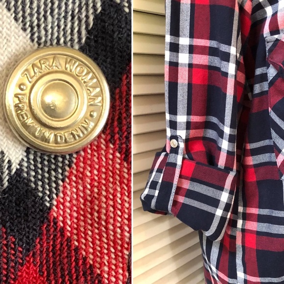 Zara Womens Plaid Shirt Medium Red Navy Long Sleeve Casual Collared Snap Button - Picture 6 of 9